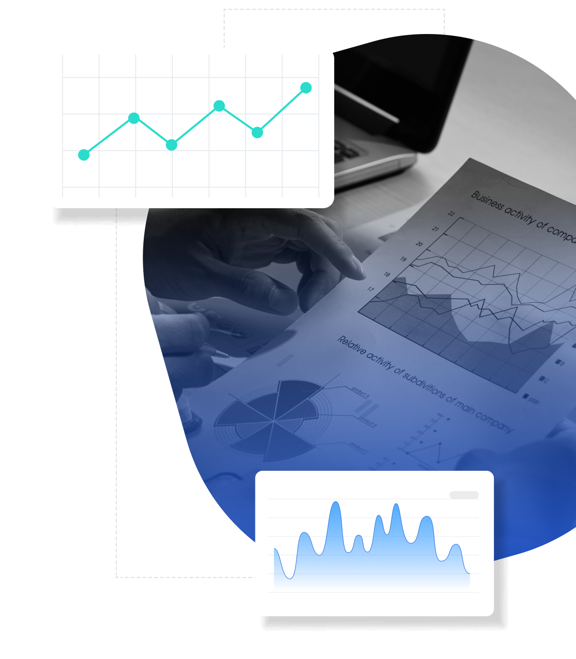 Graphic design featuring multiple charts and graphs, including a teal upward trend line, multi-line graph, and pie chart, with a business analysis theme