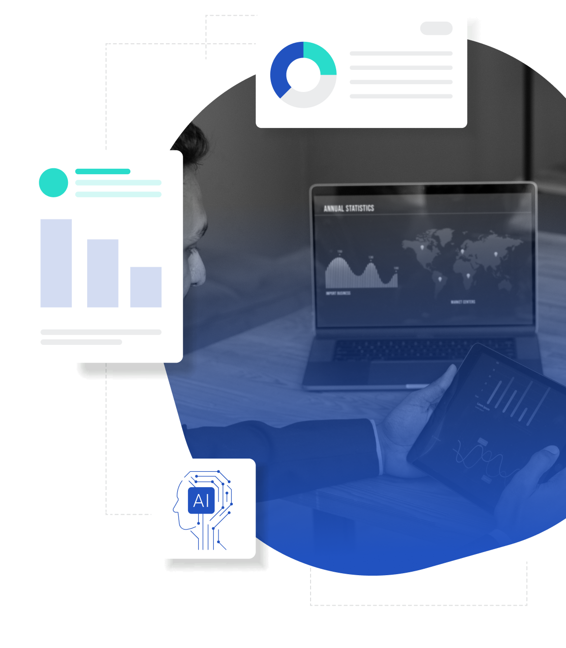 Business Professional Analyzing Data on Multiple Devices with Charts and AI Graphics