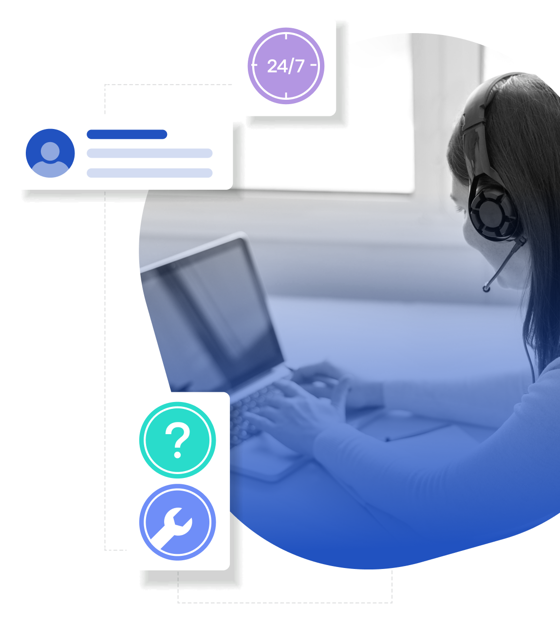 Stylized image of a woman with headphones using a laptop, featuring support and customer service icons in purple,teal, and blue.