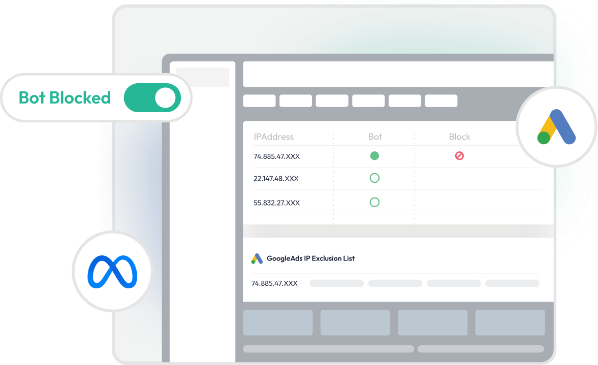 Digital advertising dashboard interface with menus, data visualizations, and branding icon