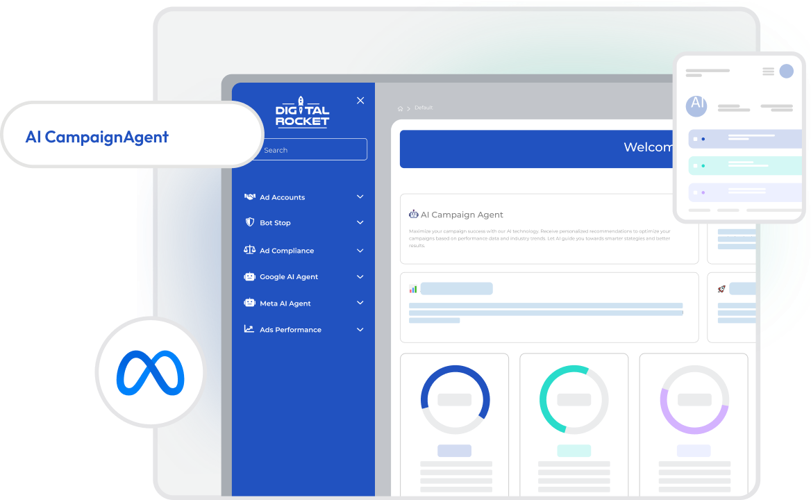 Digital advertising dashboard interface with menus, data visualizations, and branding icon