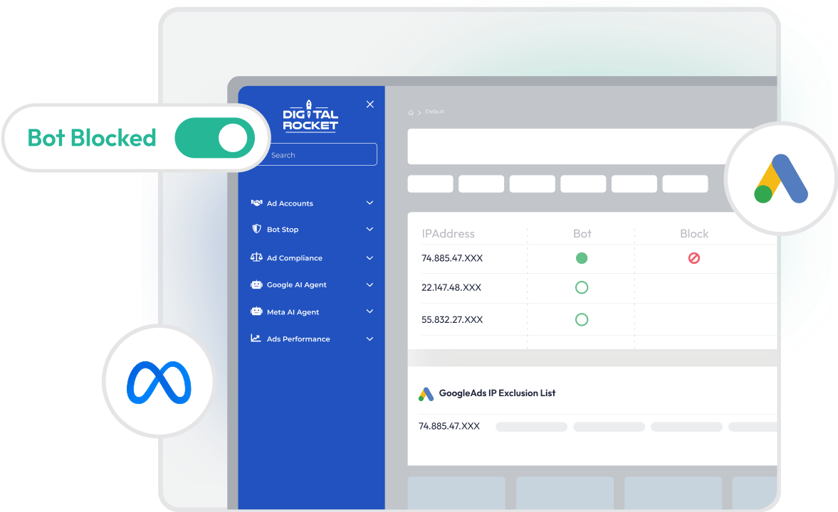 Teal computer interface for IP management and bot blocking with toggle switch and logos