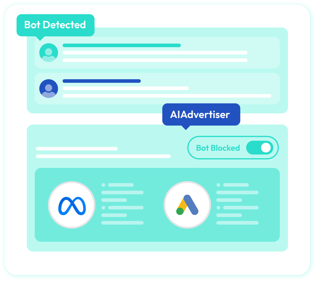 Light teal user interface with bot detection alert, advertiser toggle switch, and identification icons