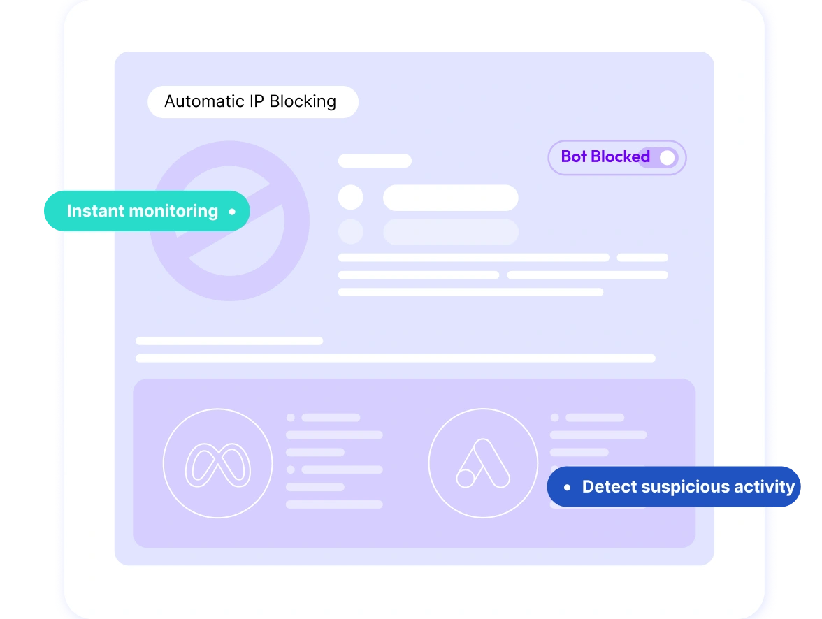 Interface showing automatic IP blocking with instant monitoring and suspicious activity detection.