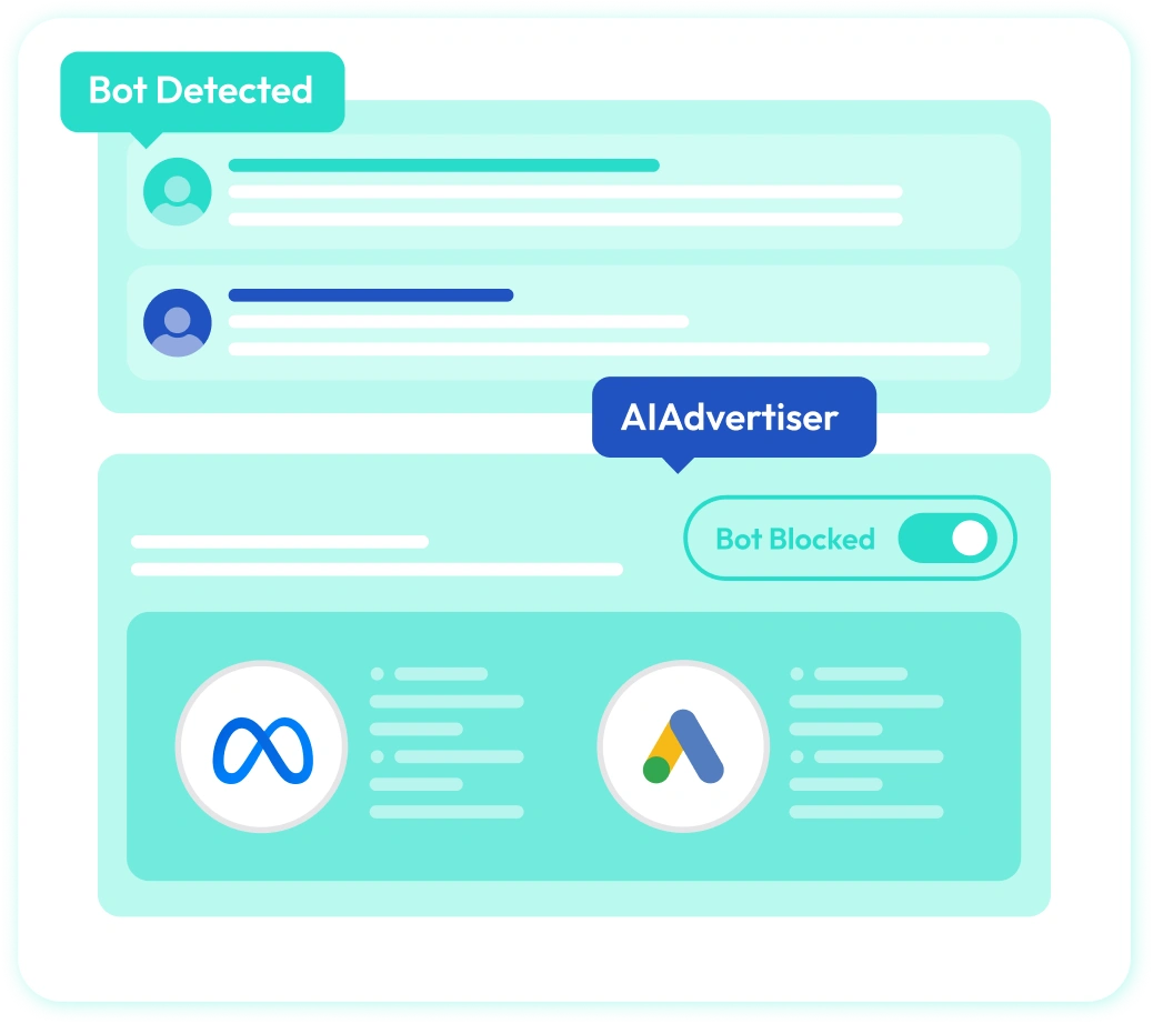 Light teal user interface with bot detection alert, advertiser toggle switch, and identification icons